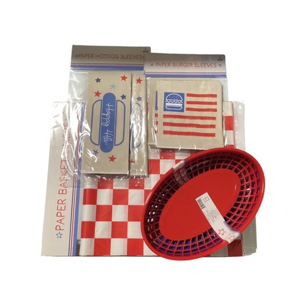 4th of July BBQ Party Set 48 pc Baskets Liners Hot Dog Burger Sleeves Patriotic